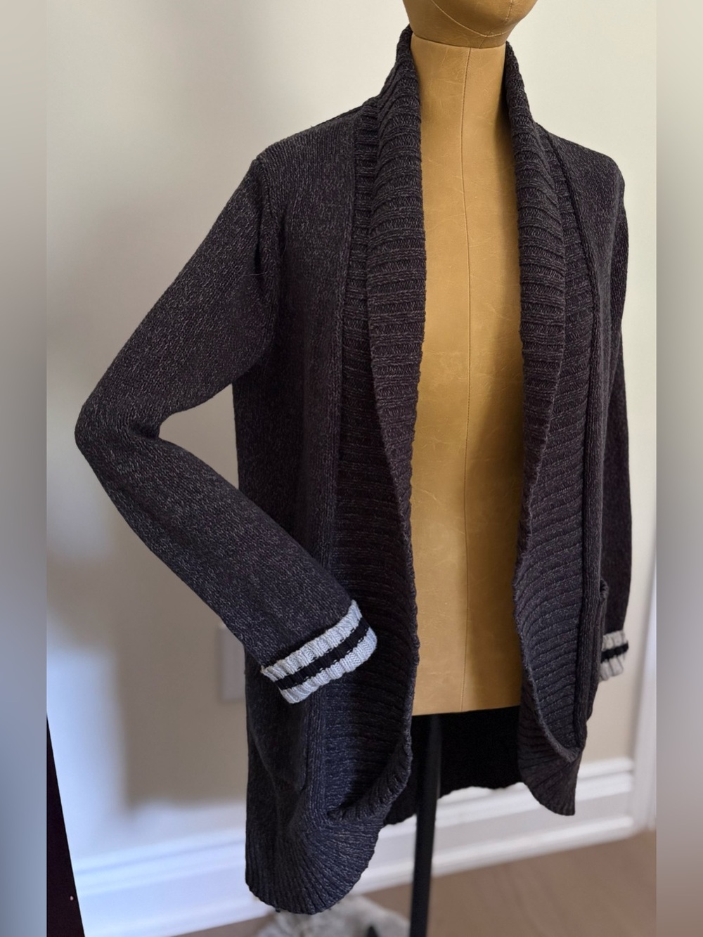 ROOTS Dark Gray Open-Front Cardigan with White Stripe Cuffs (XS)